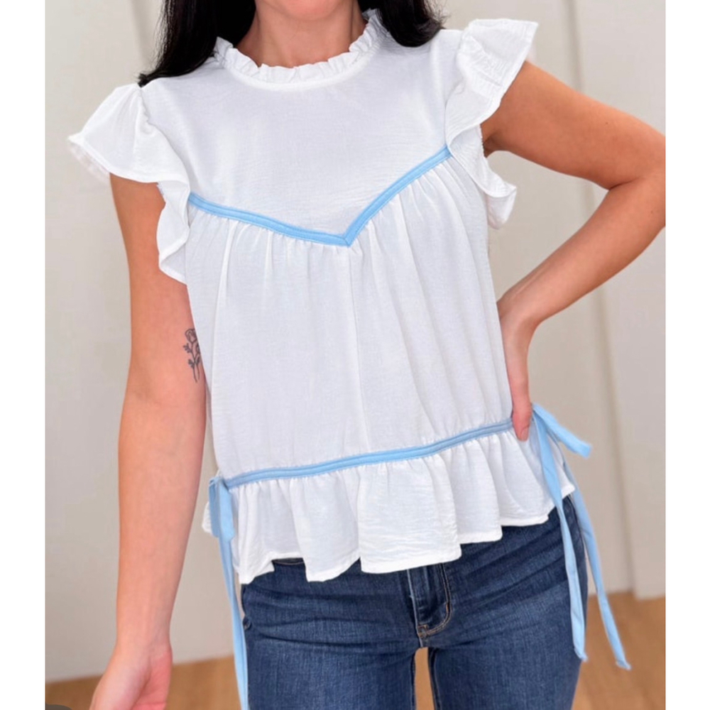 Women's Kori America White & Blue Ruffle Blouse L Super Sweet